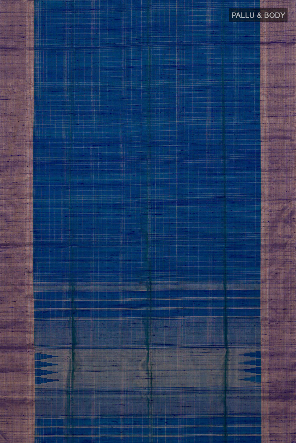 Flat view of Blue Raw Silk Saree with Checked design on the body and Zari Border. 