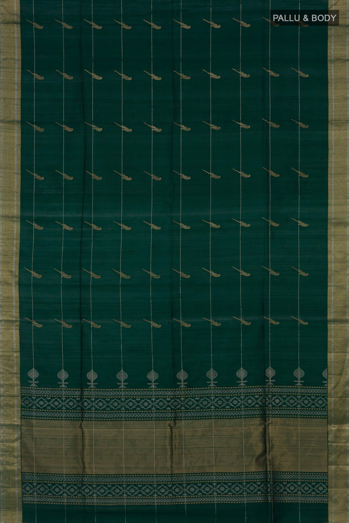 Flat view of Pure Silk Bottle Green Raw Saree with Stripes on the body and Zari Border. 