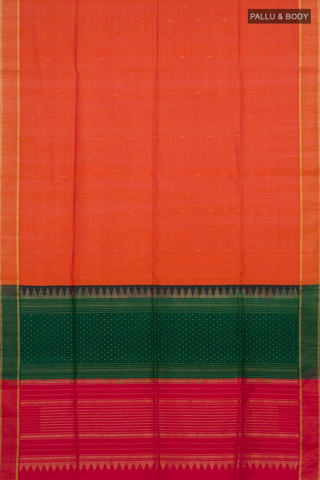 Flat view of Orange Banarasi Raw Silk Saree with Plain Body and Zari Border. 