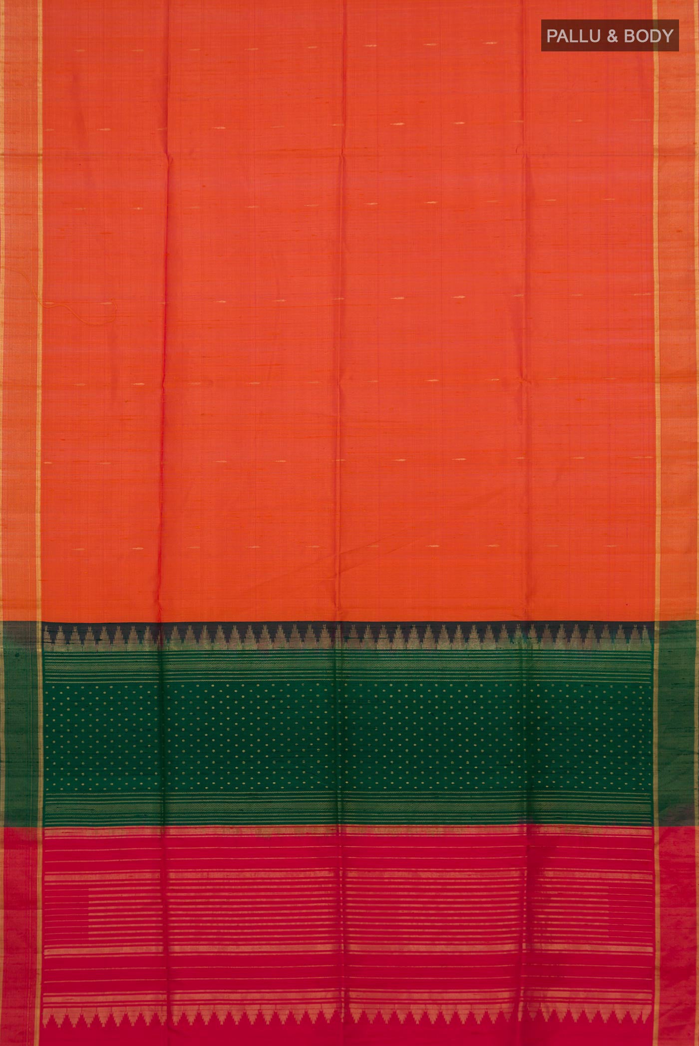 Flat view of Orange Banarasi Raw Silk Saree with Plain Body and Zari Border. 