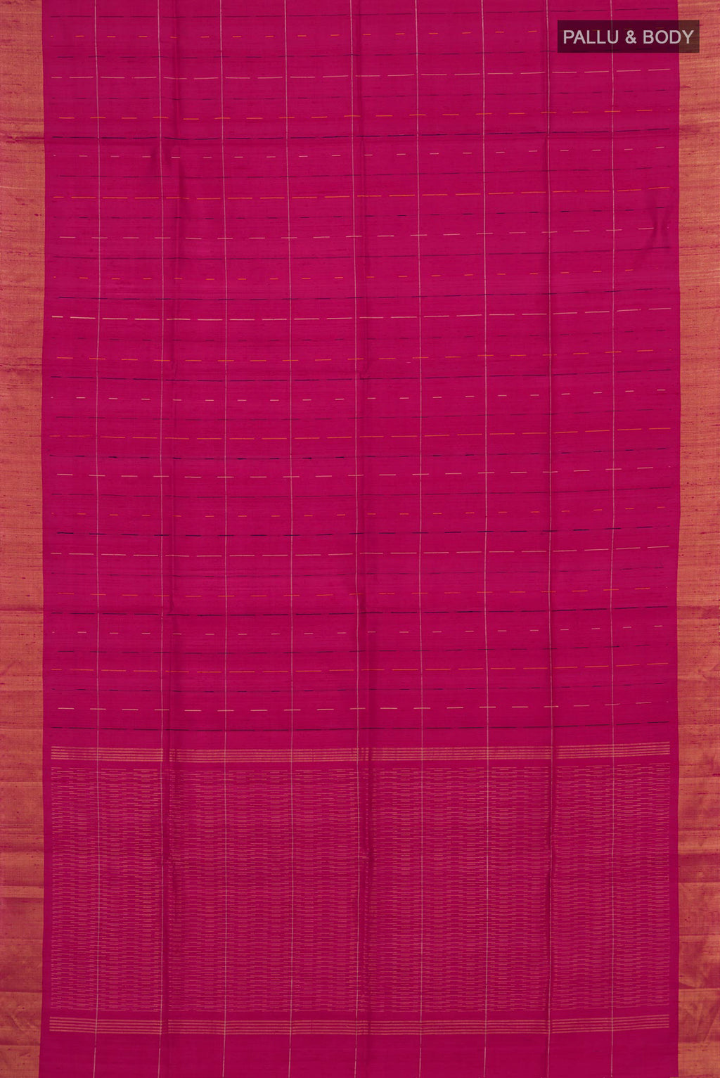 Flat view of Rani Pink Raw Silk Saree with Checked design on the body and Zari Border. 