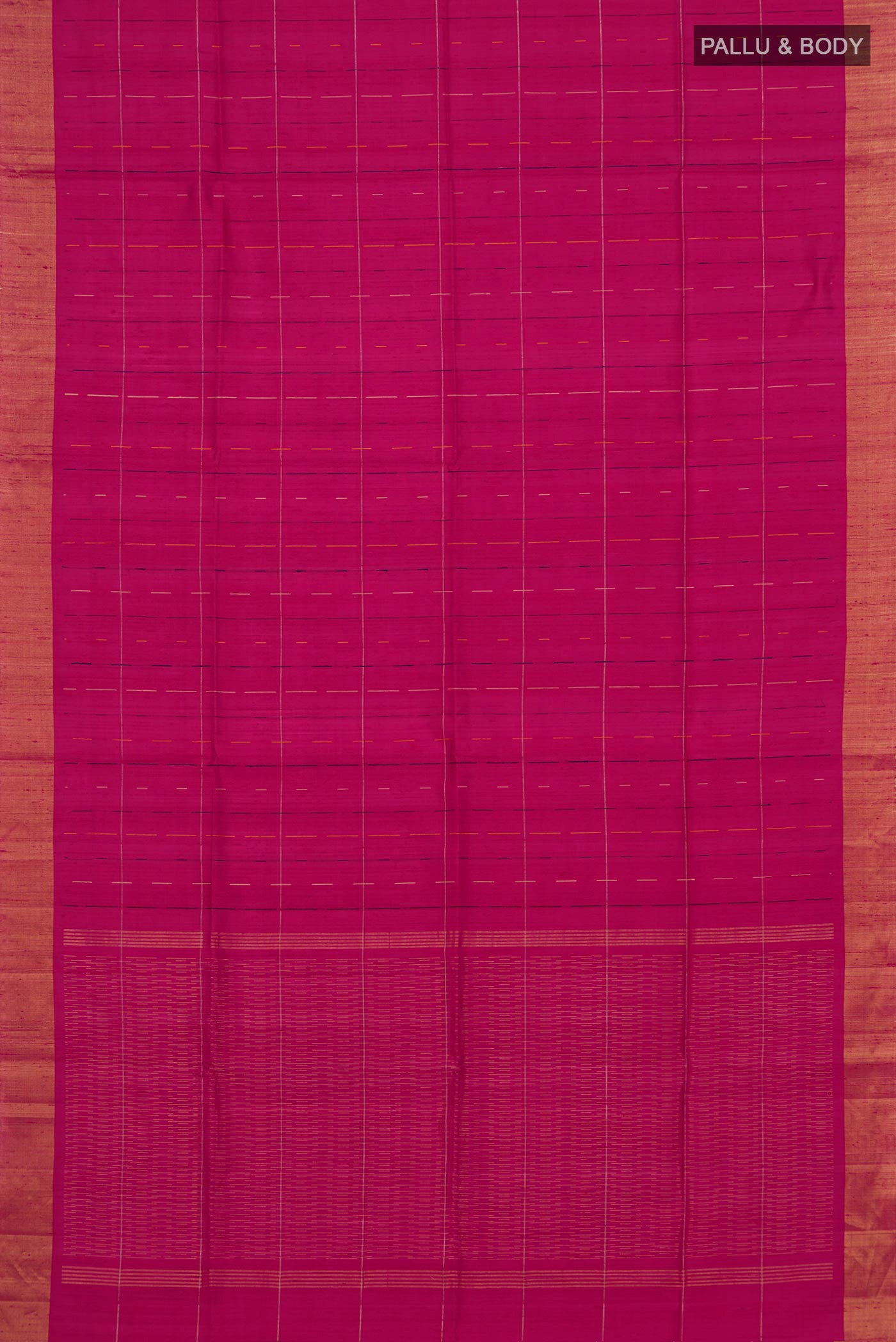 Flat view of Rani Pink Raw Silk Saree with Checked design on the body and Zari Border. 