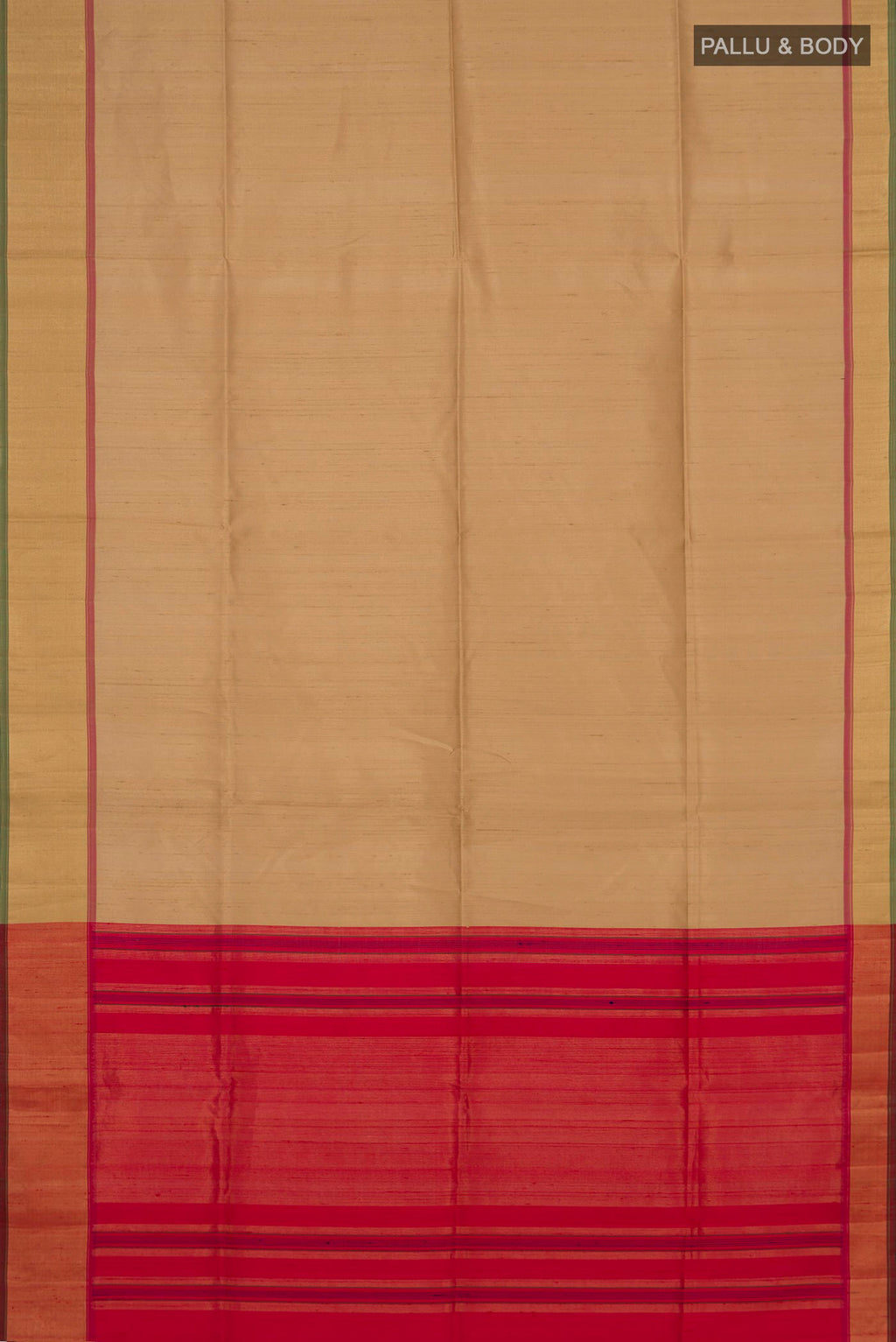 Flat view of Beige Raw Silk Saree with Plain Body and Zari Border. 