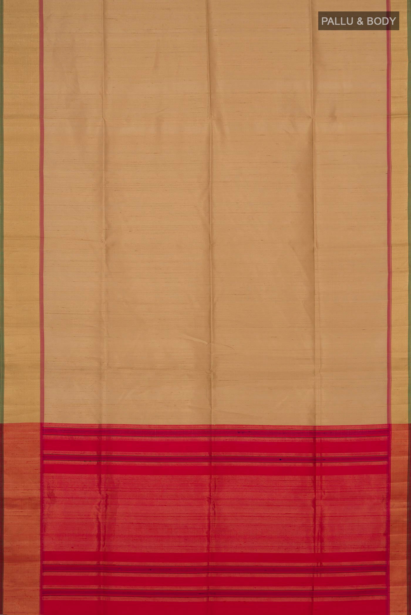 Flat view of Beige Raw Silk Saree with Plain Body and Zari Border. 