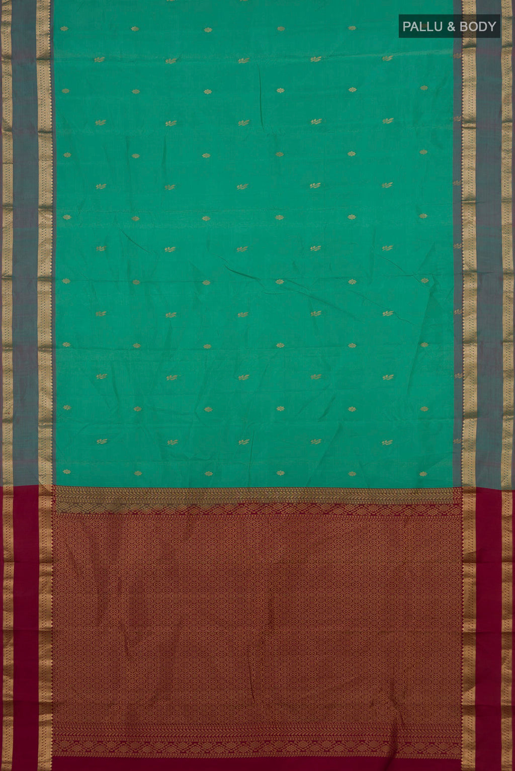 Flat view of Pure Silk Green Kanchipuram Saree with Zari Butta on the body and Zari Border. 