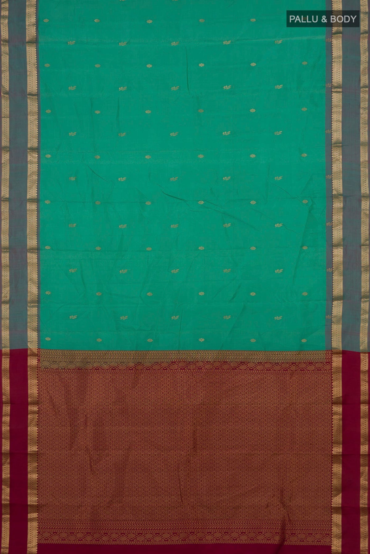 Flat view of Pure Silk Green Kanchipuram Saree with Zari Butta on the body and Zari Border. 
