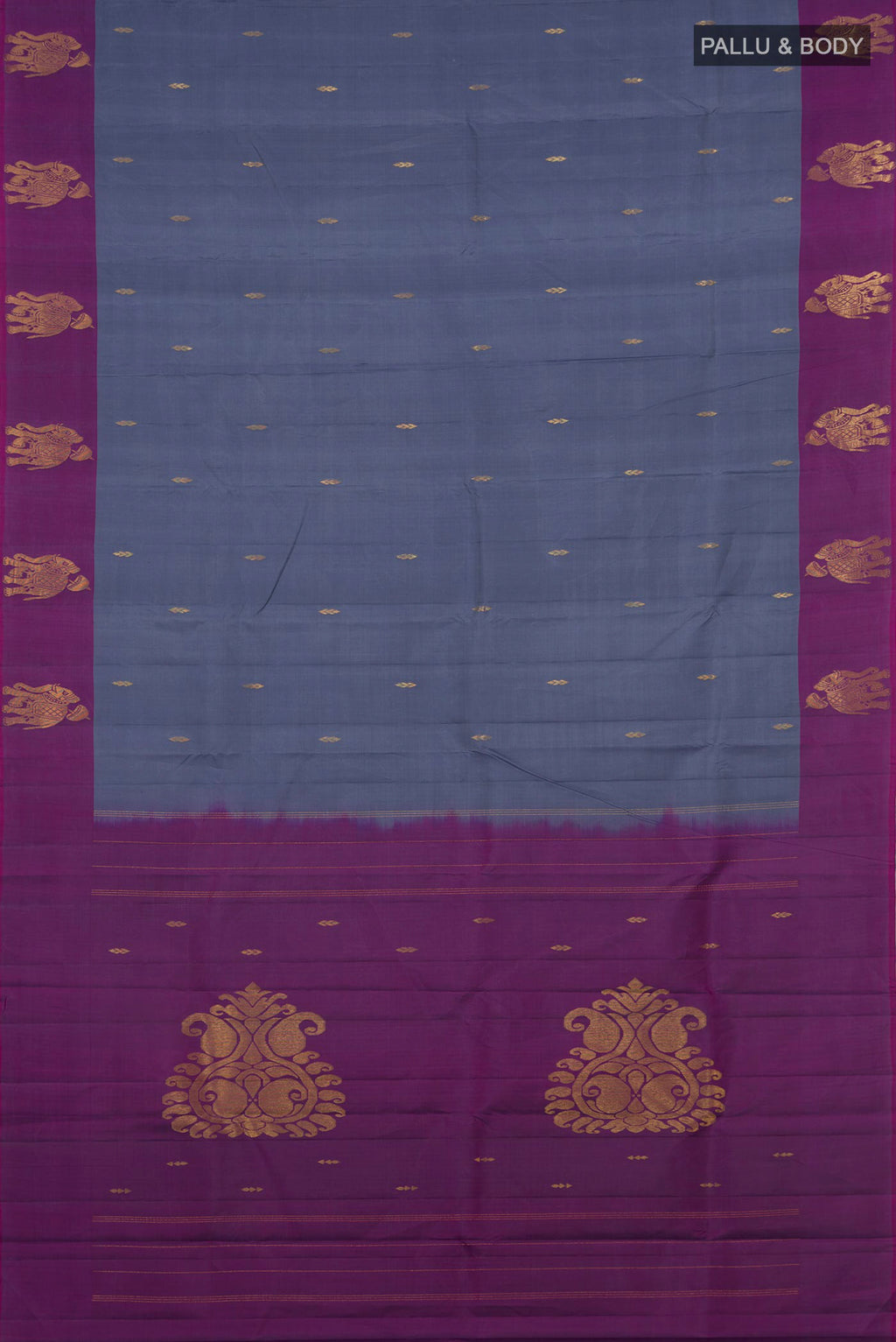 Flat view of Pure Silk Grey Kanchipuram Saree with Zari Butta on the body and Fancy Border. 