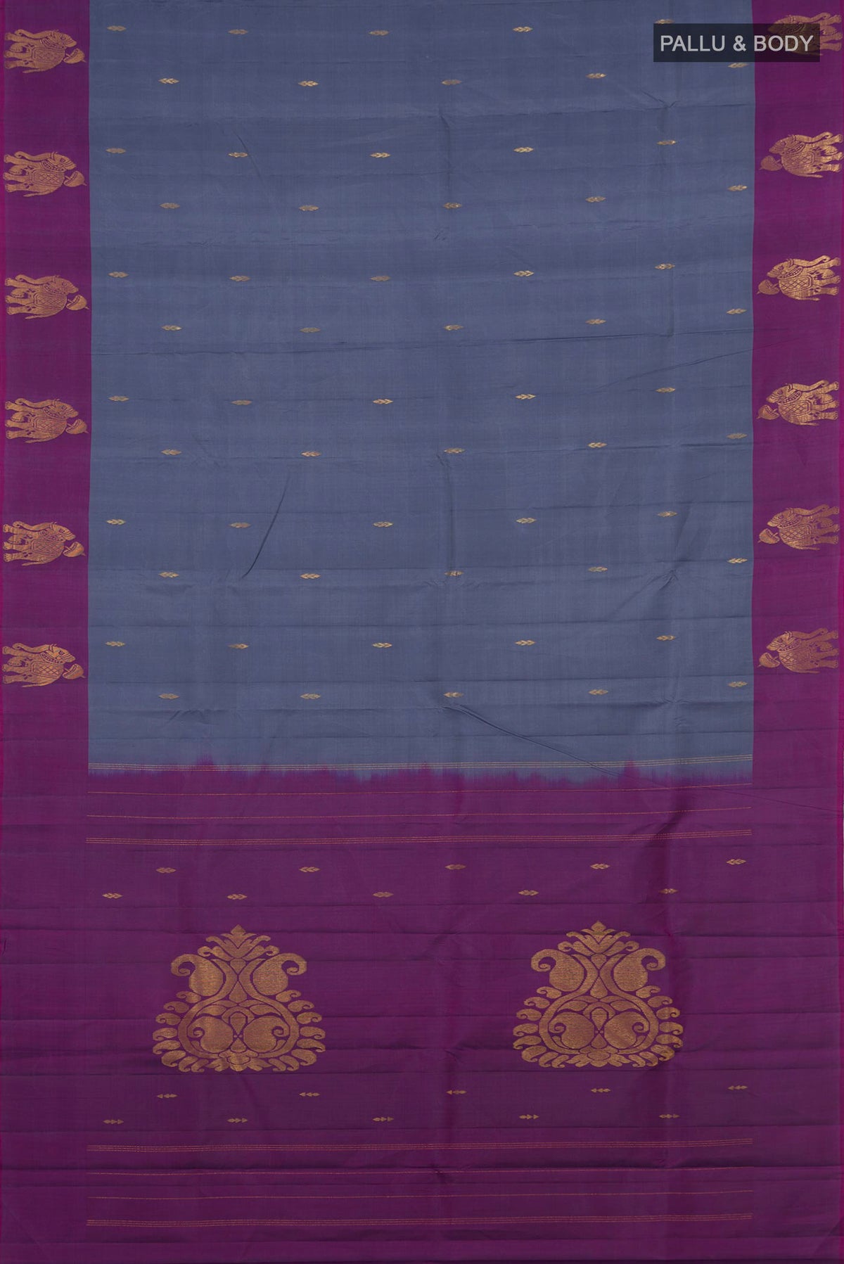 Flat view of Pure Silk Grey Kanchipuram Saree with Zari Butta on the body and Fancy Border. 