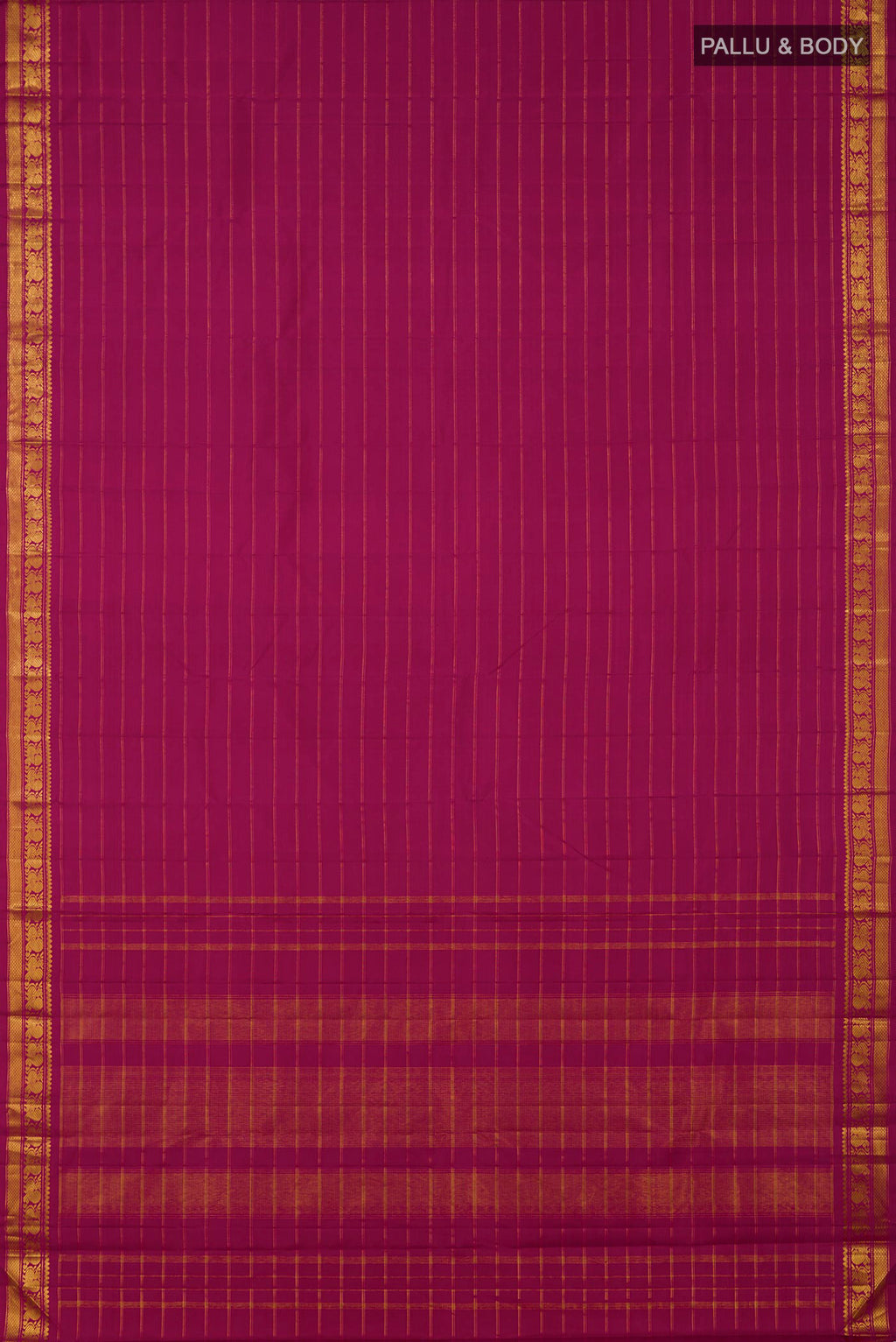 Flat view of Magenta Kanchipuram Silk Saree with Stripes on the body and Zari Border. 