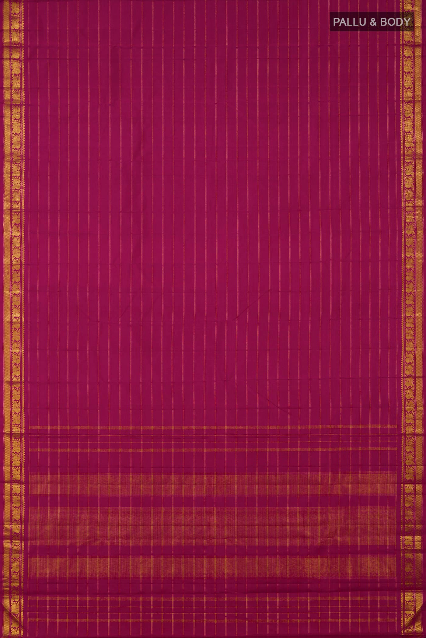 Flat view of Magenta Kanchipuram Silk Saree with Stripes on the body and Zari Border. 
