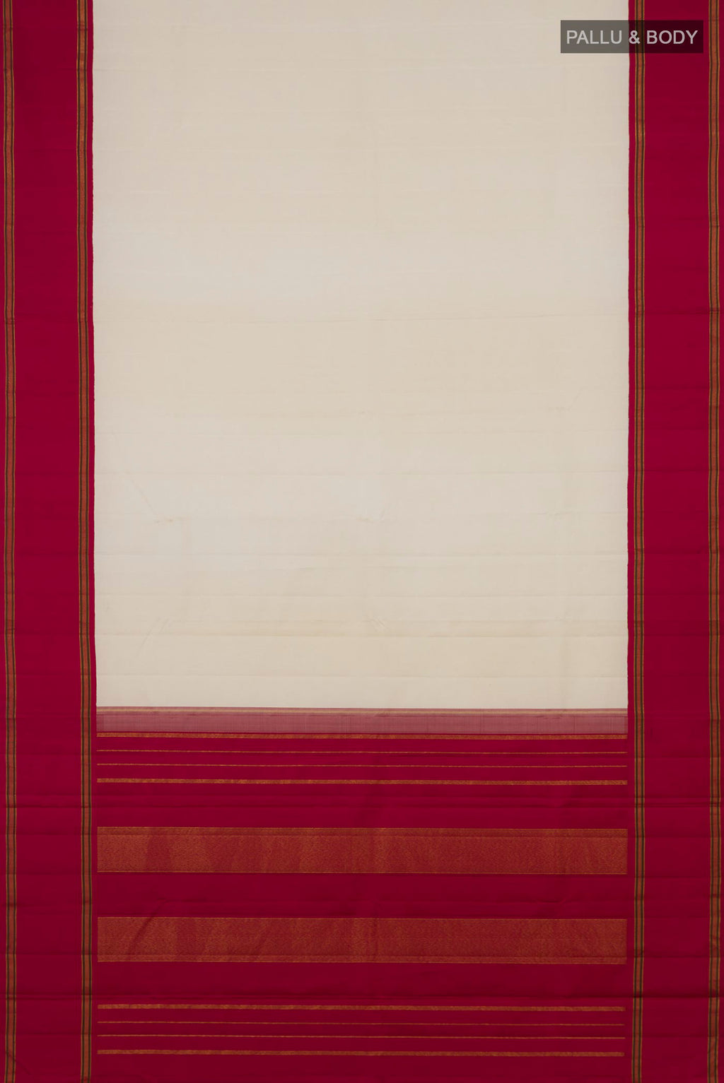 Flat view of Pure Silk Cream Kanchipuram Saree with Plain Body and Plain Border. 