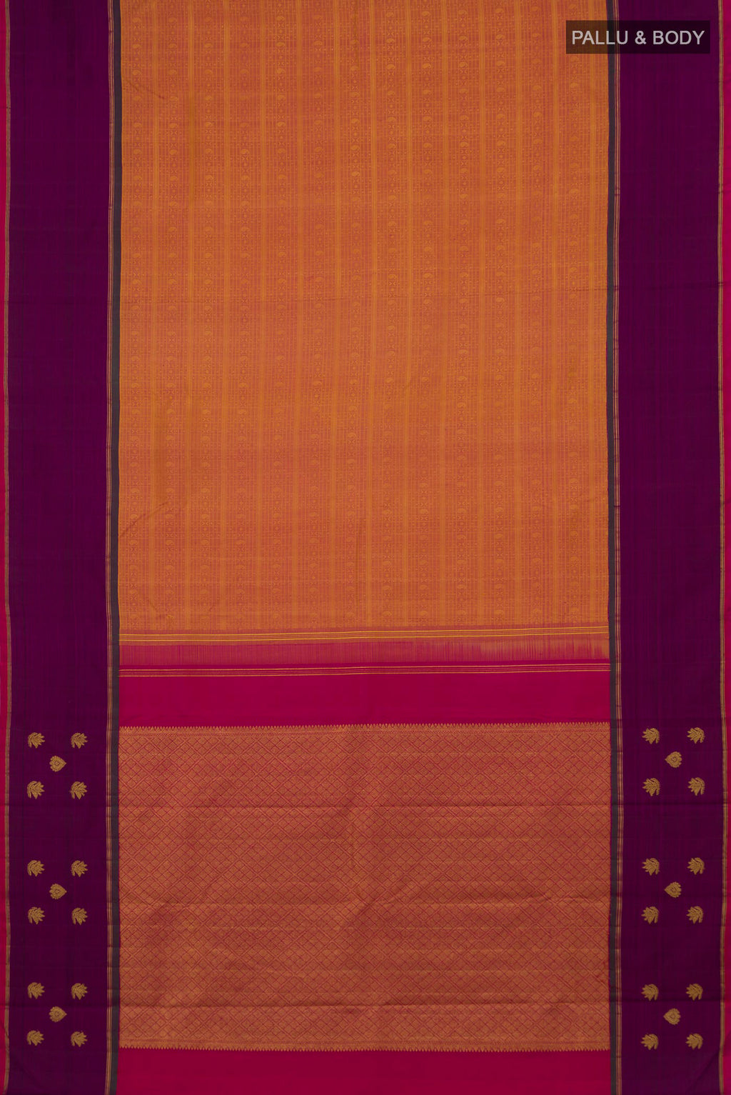 Flat view of Mustard Kanchipuram Silk Saree with Jacquard design on the body and Plain Border. 