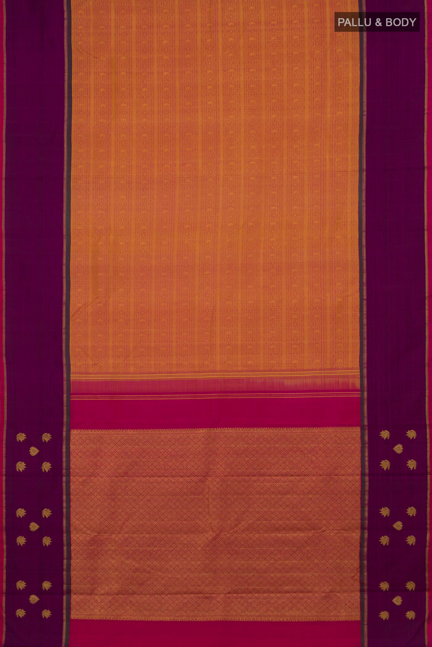Flat view of Mustard Kanchipuram Silk Saree with Jacquard design on the body and Plain Border. 