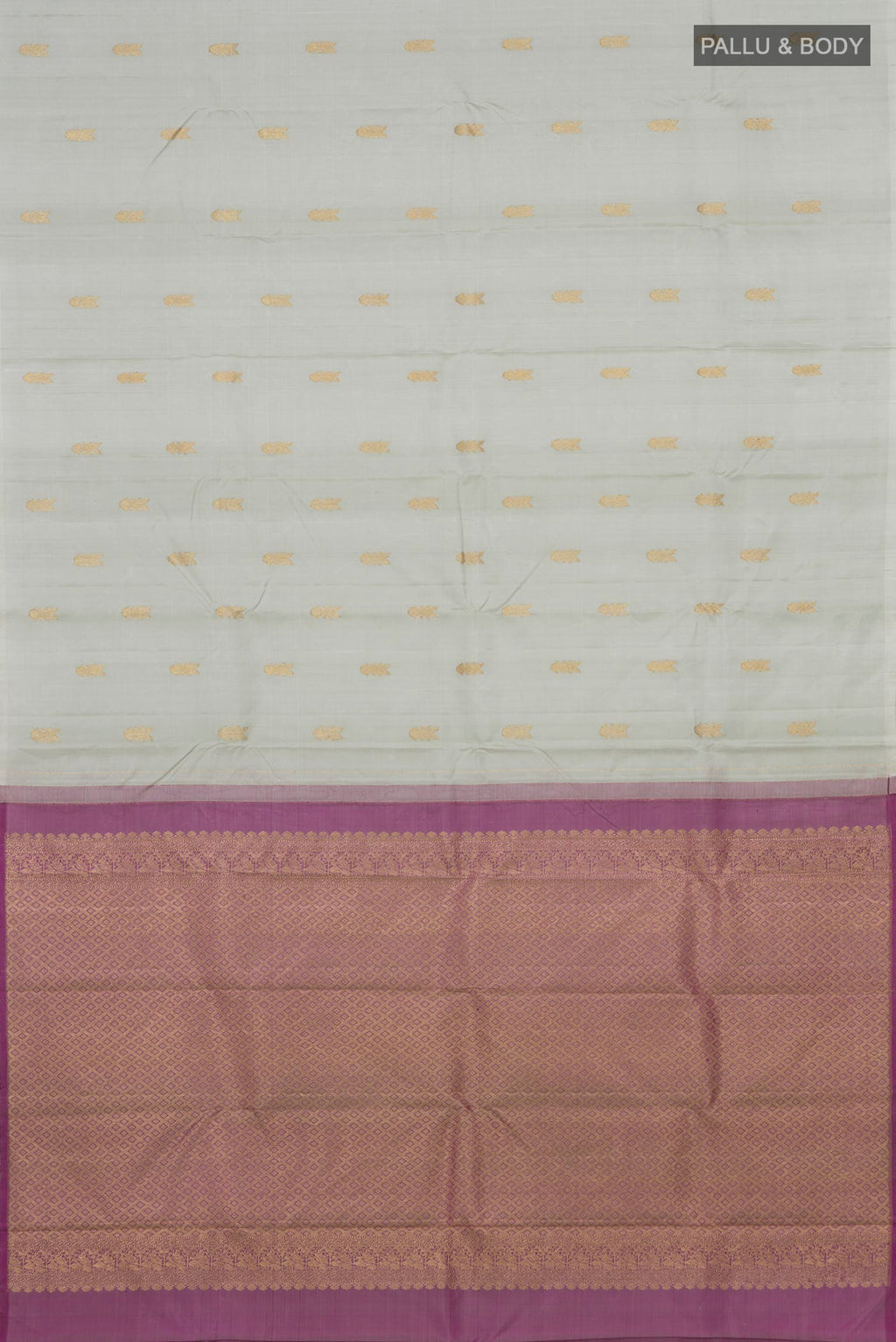 Flat view of Cream Kanchipuram Silk Saree with Zari Butta on the body and Without Border. 
