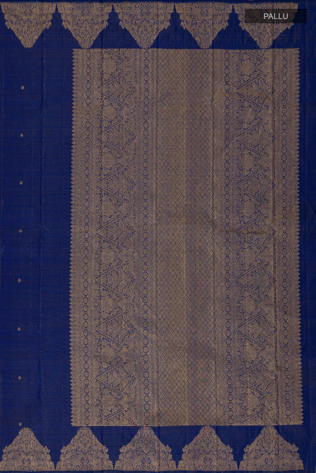 Close up image of the pallu of Pure Silk Blue Kanchipuram Saree with Zari Butta on the body and Fancy Border. 