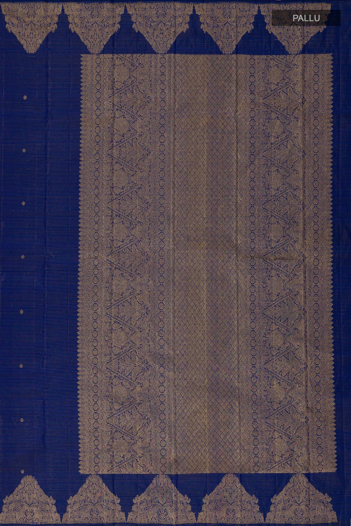 Close up image of the pallu of Pure Silk Blue Kanchipuram Saree with Zari Butta on the body and Fancy Border. 