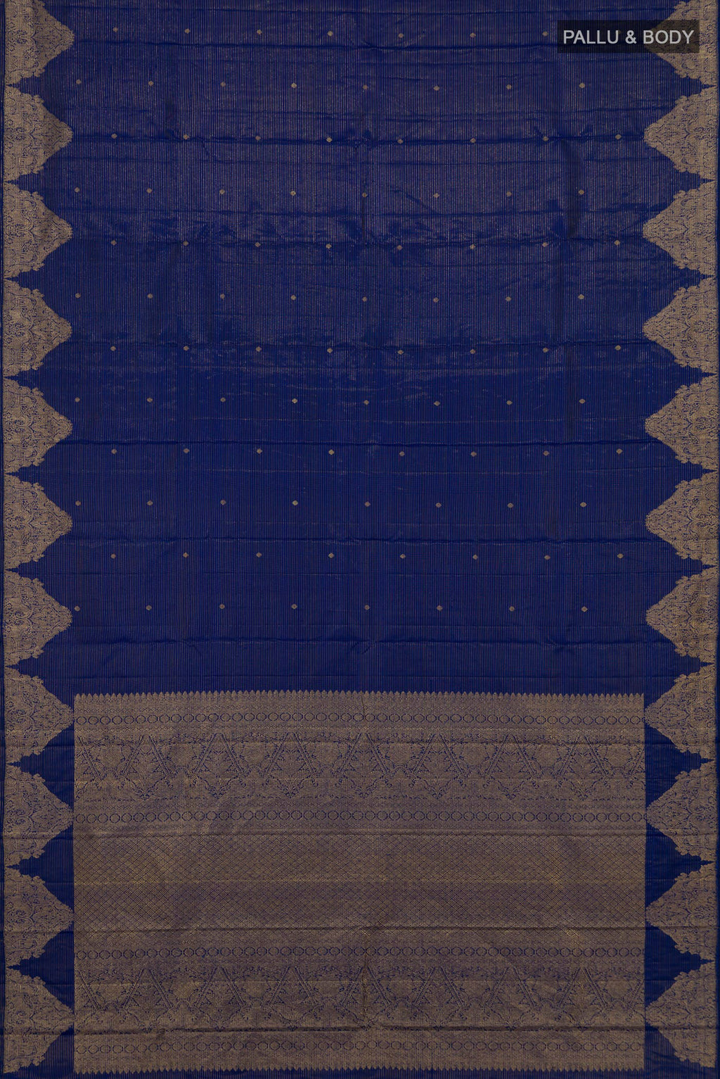 Flat view of Pure Silk Blue Kanchipuram Saree with Zari Butta on the body and Fancy Border. 