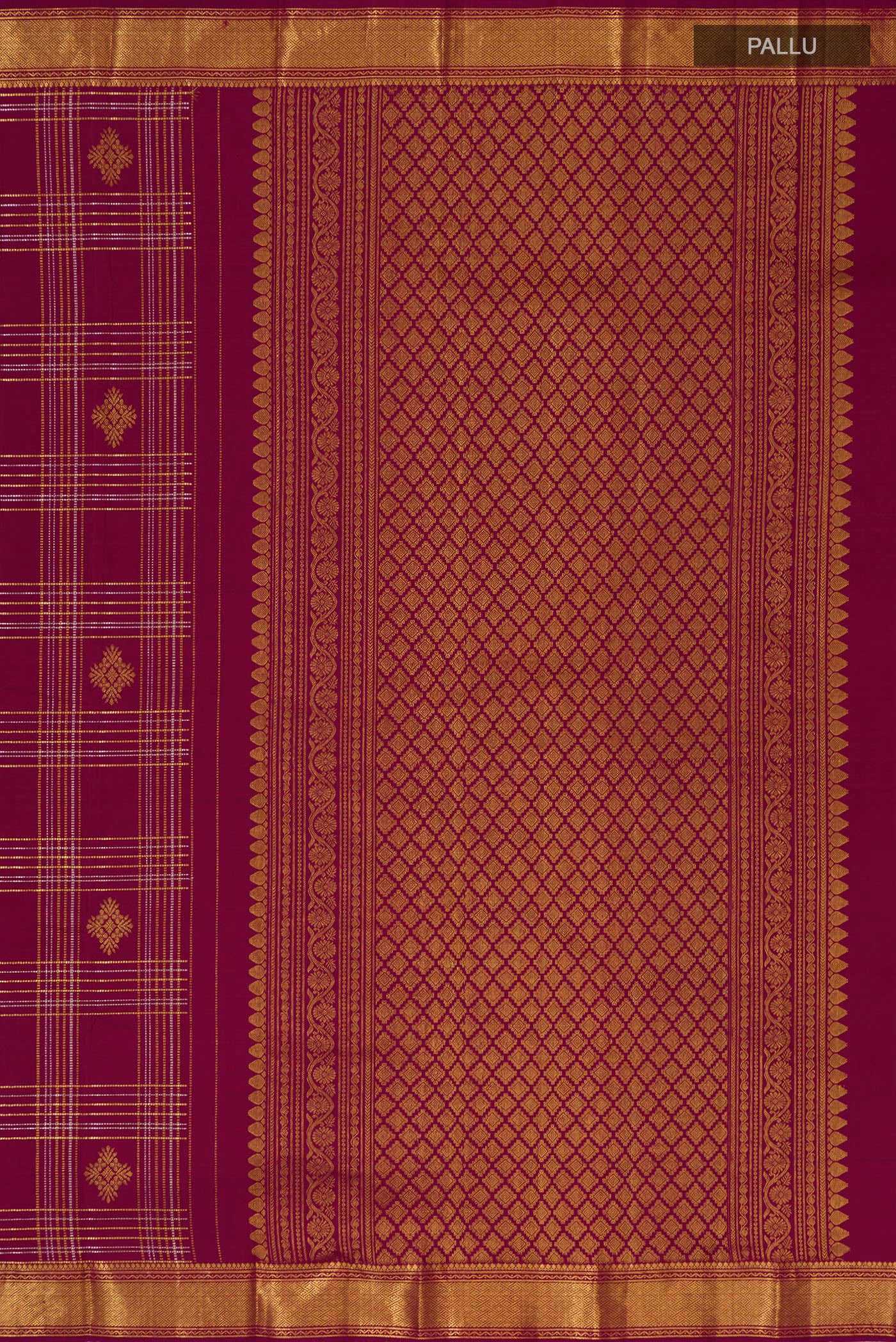 Close up image of the pallu of Maroon Kanjivaram Silk Saree with Checked design on the body and Zari Border. 