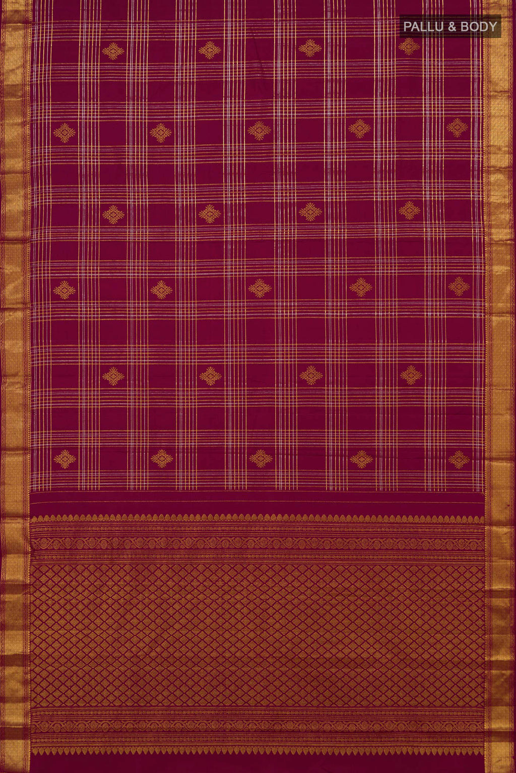 Flat view of Maroon Kanjivaram Silk Saree with Checked design on the body and Zari Border. 