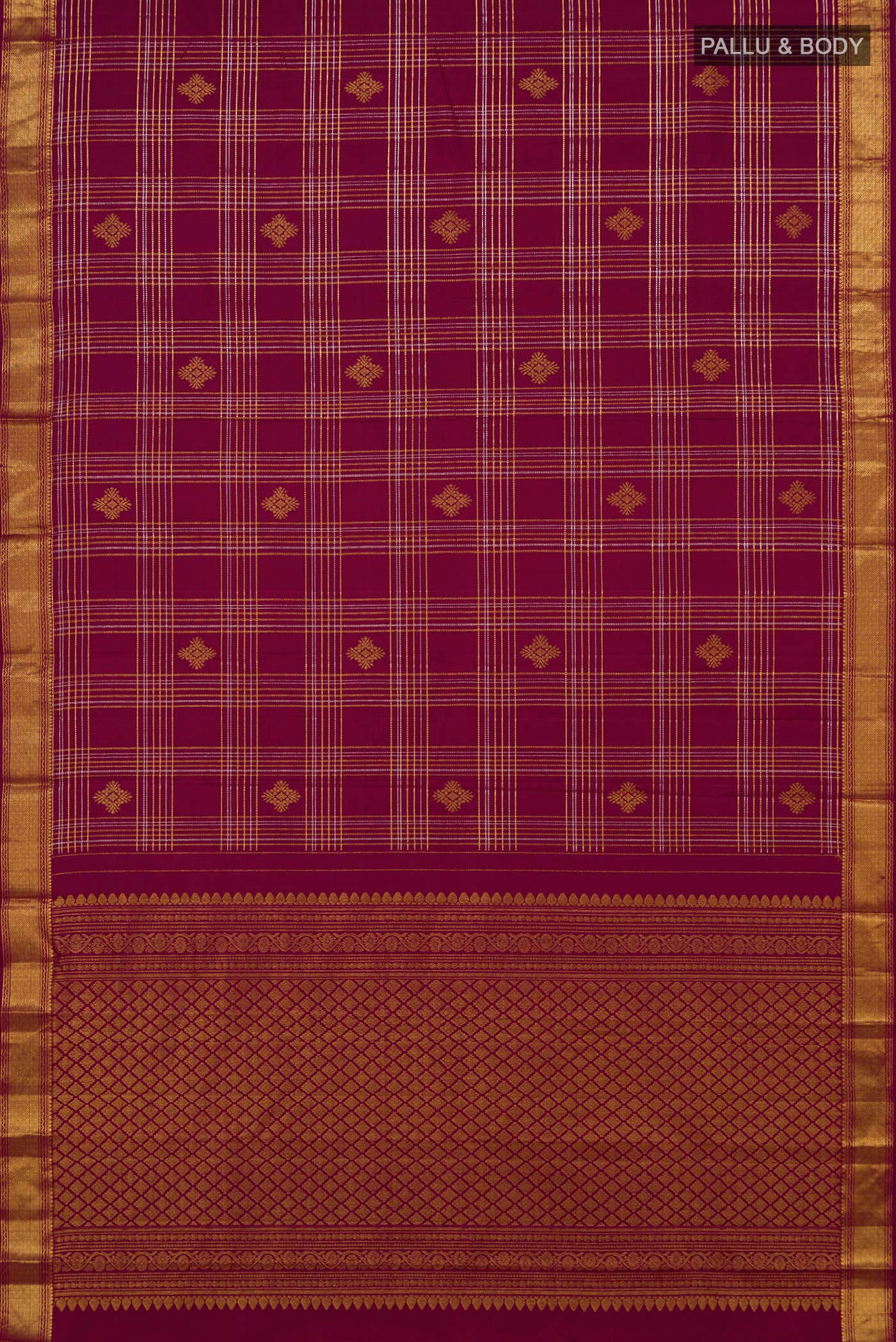 Flat view of Maroon Kanjivaram Silk Saree with Checked design on the body and Zari Border. 