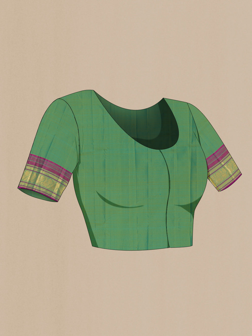 Close up image of the blouse of Pure Silk Green Kanjivaram Saree with Zari Butta on the body and Zari Border. 