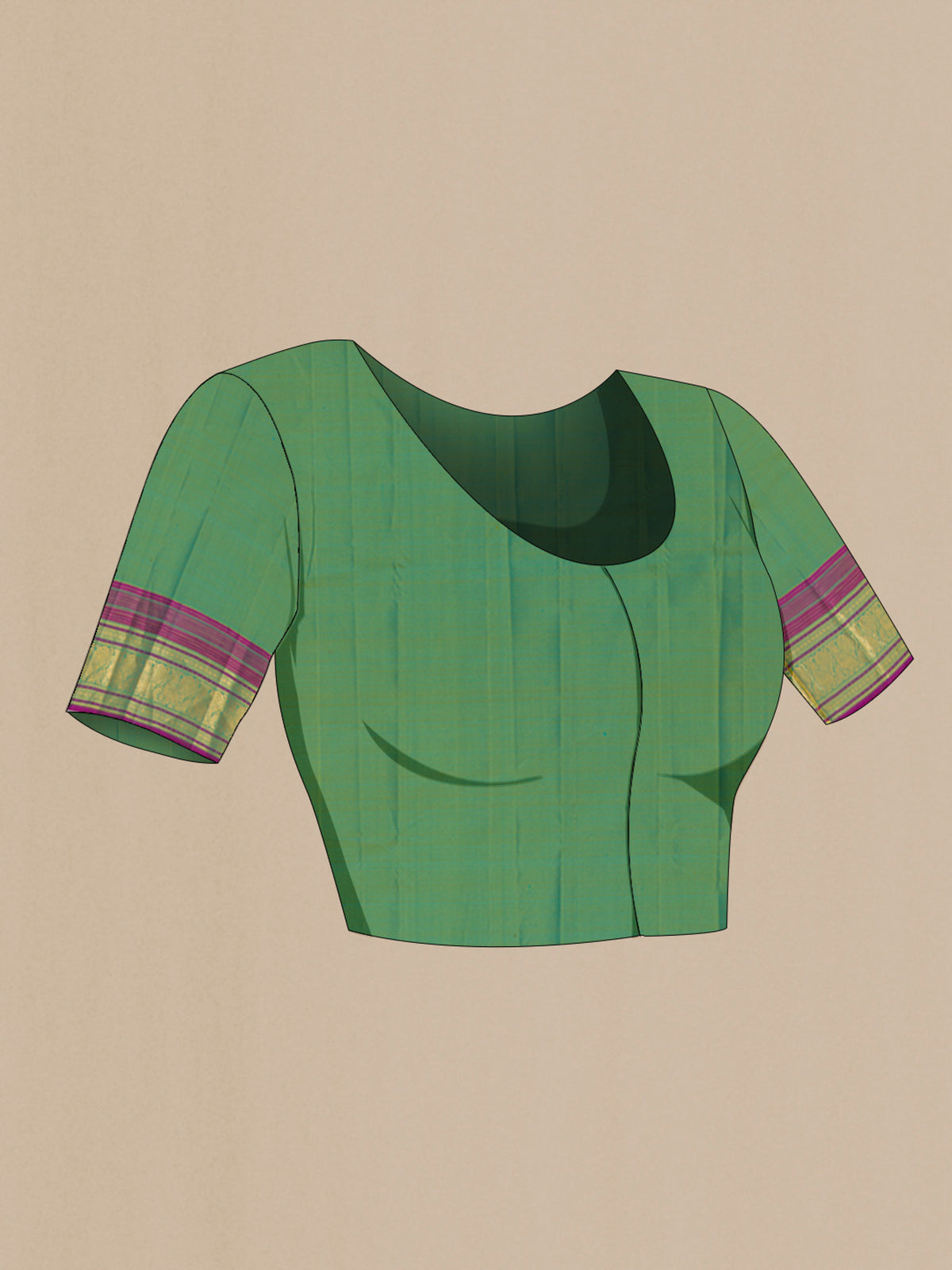 Close up image of the blouse of Pure Silk Green Kanjivaram Saree with Zari Butta on the body and Zari Border. 
