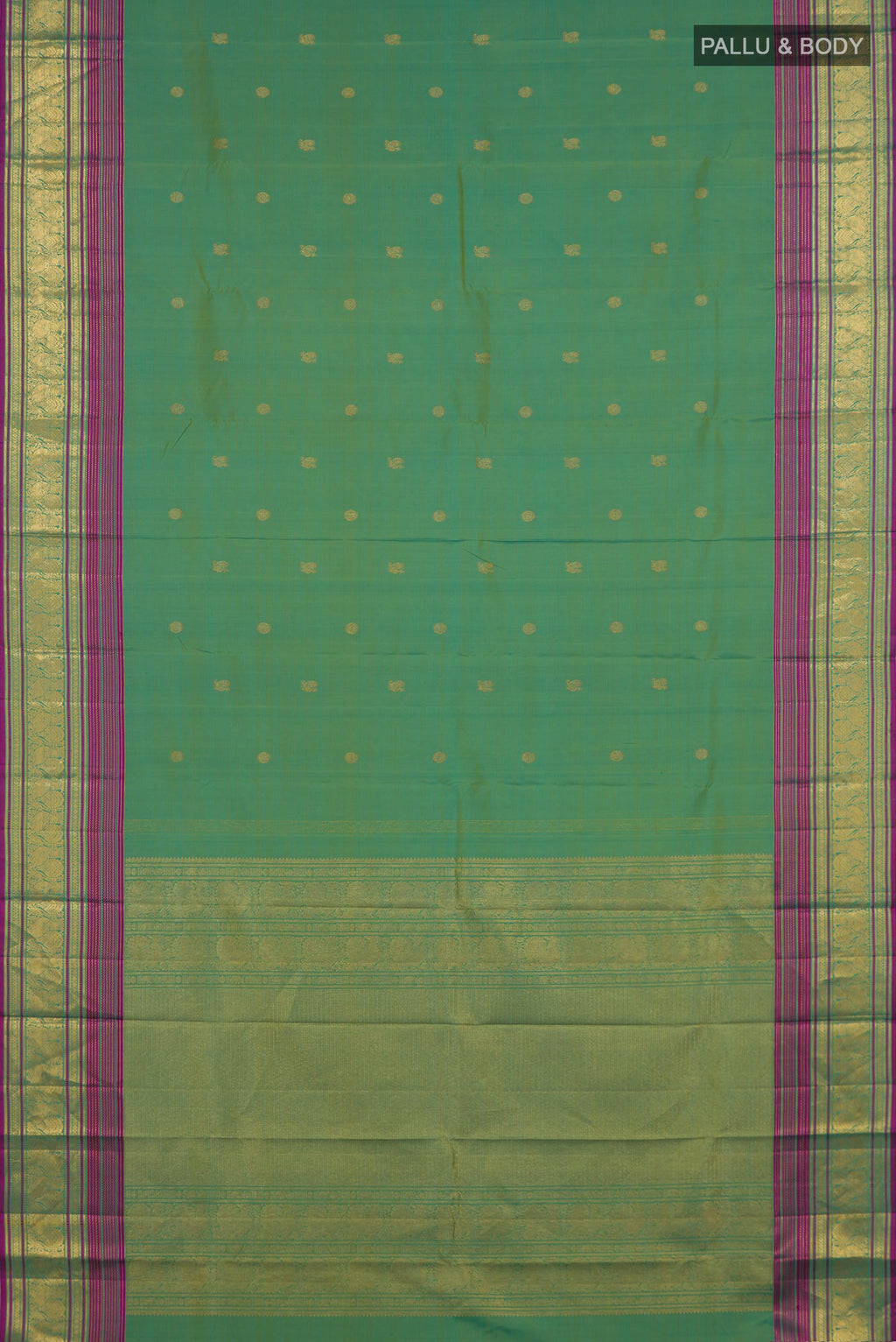 Flat view of Pure Silk Green Kanjivaram Saree with Zari Butta on the body and Zari Border. 