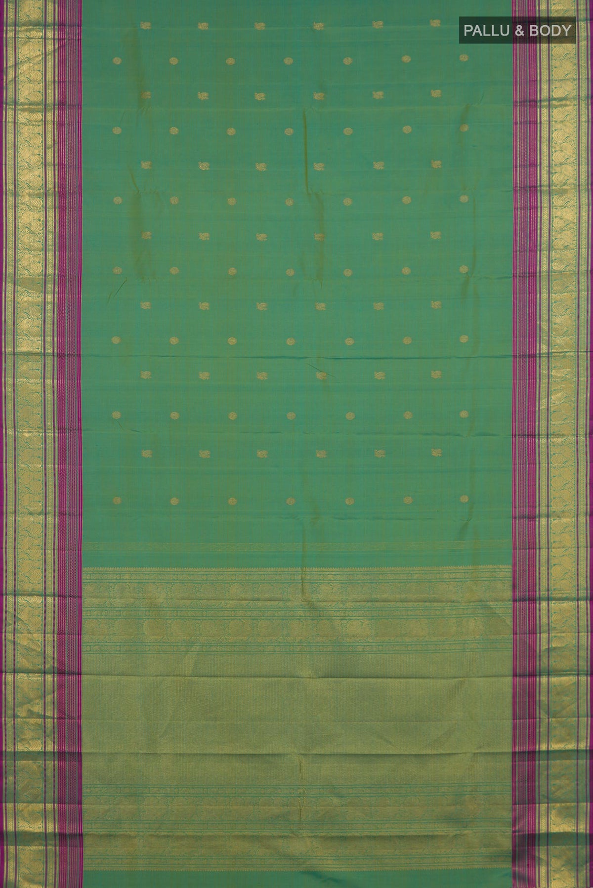 Flat view of Pure Silk Green Kanjivaram Saree with Zari Butta on the body and Zari Border. 