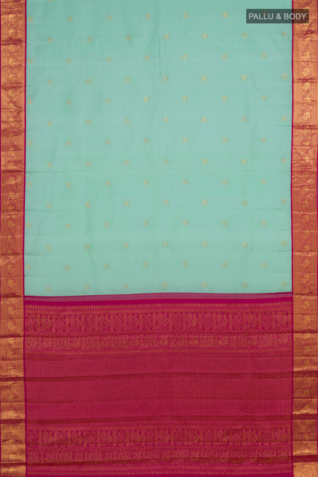 Flat view of Sky Blue Kanjivaram Silk Saree with Zari Butta on the body and Zari Border. 