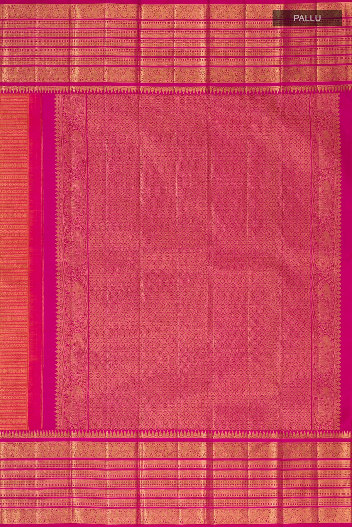 Close up image of the pallu of Pure Silk Coral Kanjivaram Saree with Zari Brocade on the body and Zari Border. 