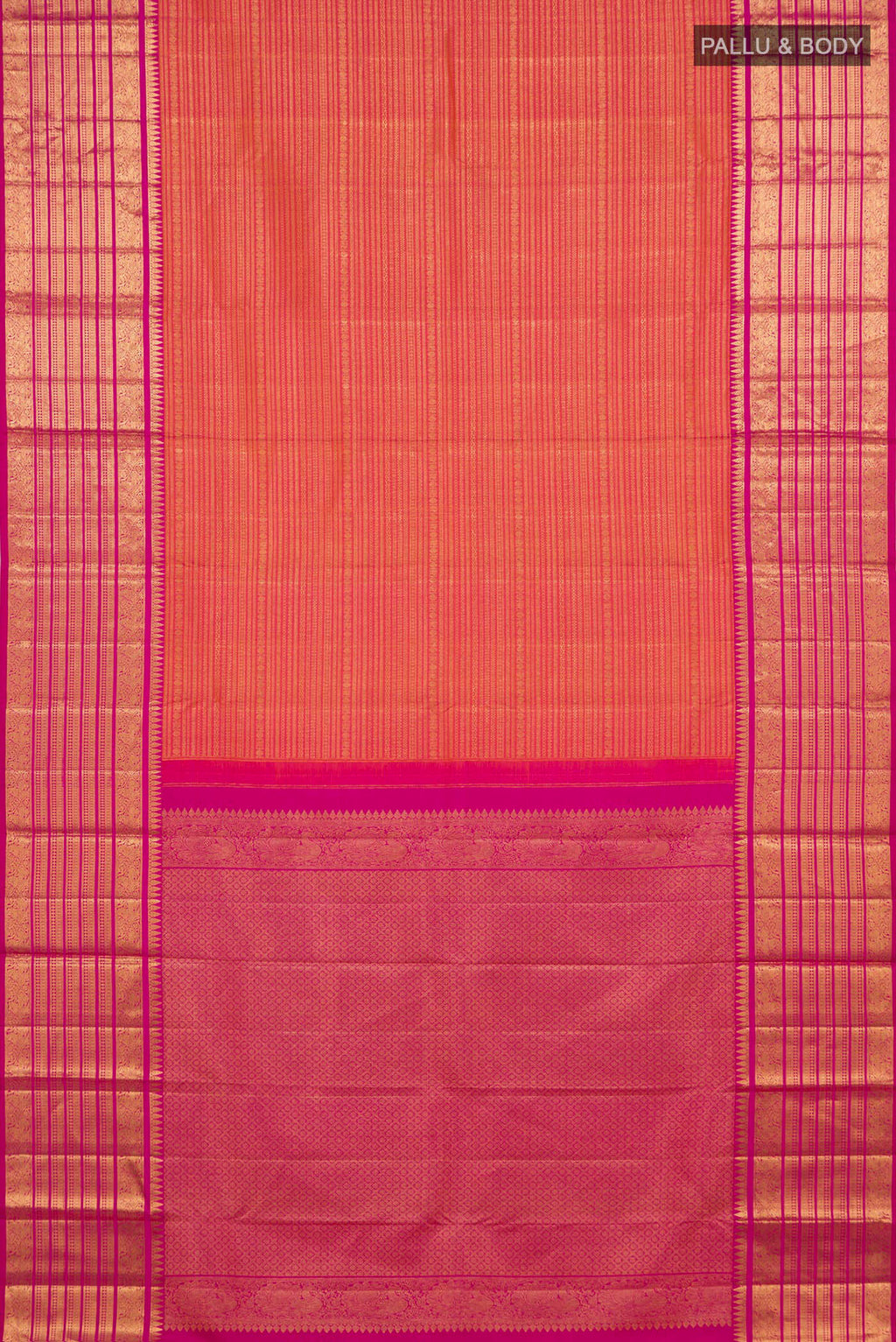 Flat view of Pure Silk Coral Kanjivaram Saree with Zari Brocade on the body and Zari Border. 