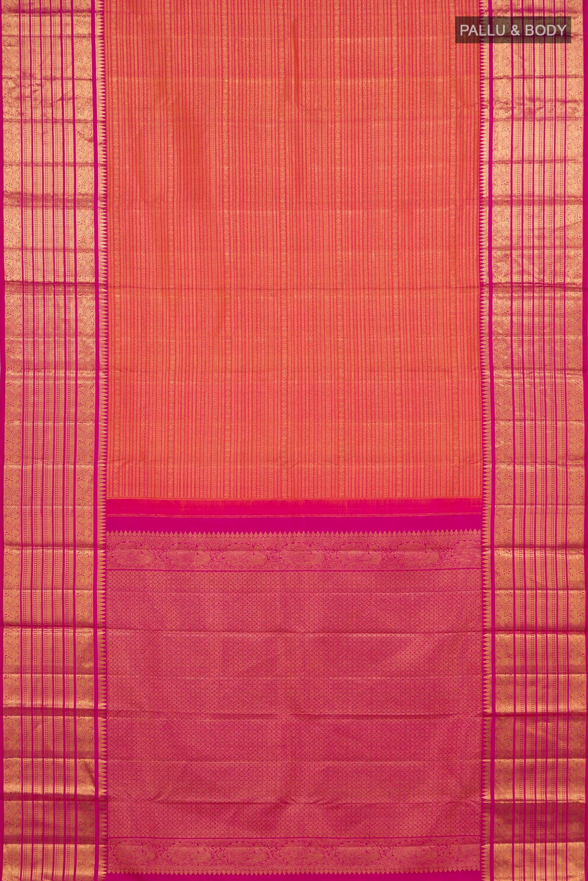 Flat view of Pure Silk Coral Kanjivaram Saree with Zari Brocade on the body and Zari Border. 