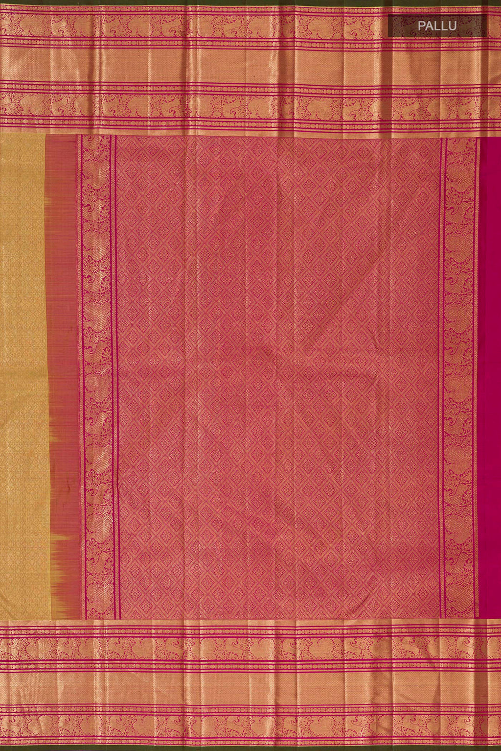 Close up image of the pallu of Golden Kanjivaram Silk Saree with Zari Brocade on the body and Zari Border. 