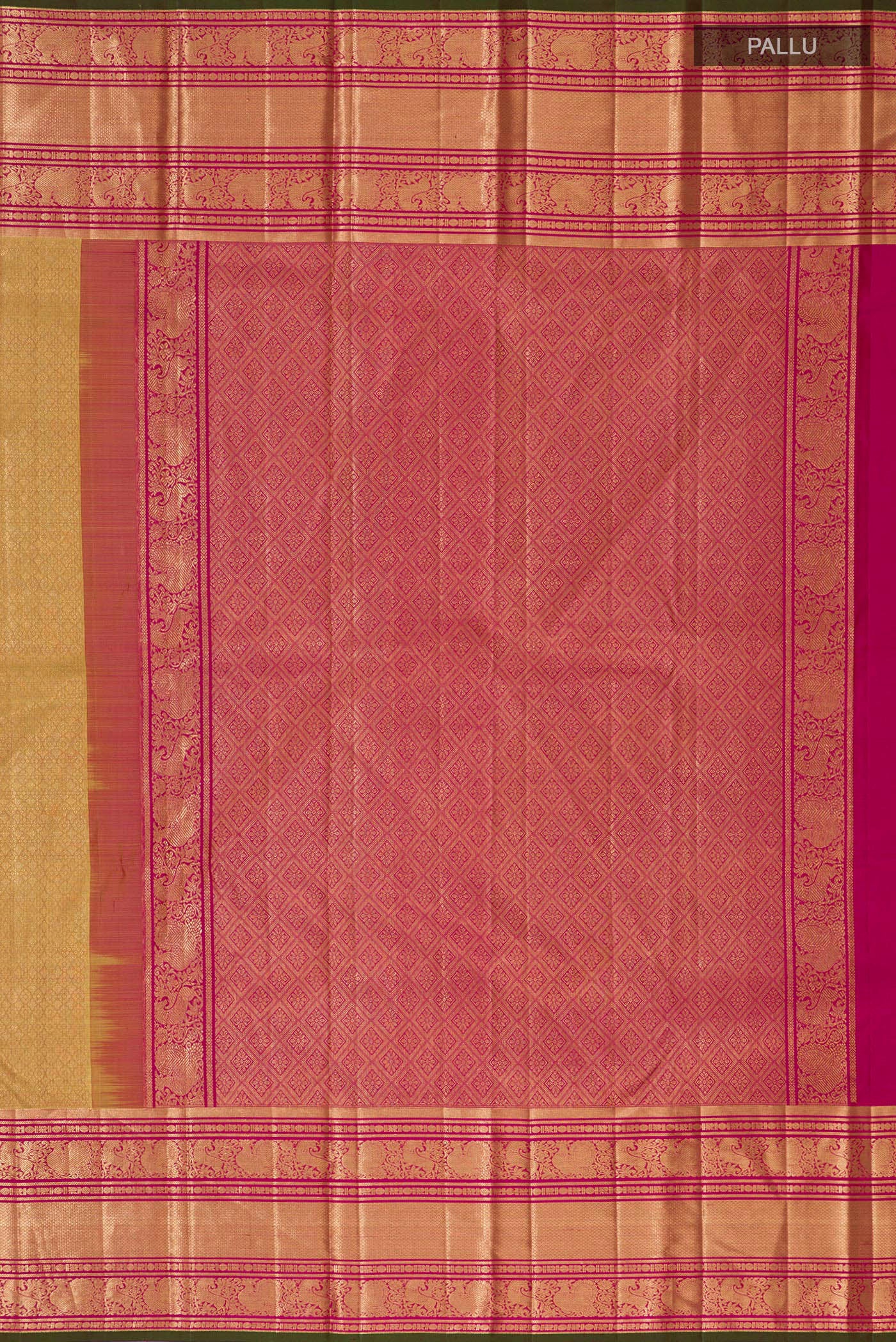 Close up image of the pallu of Golden Kanjivaram Silk Saree with Zari Brocade on the body and Zari Border. 
