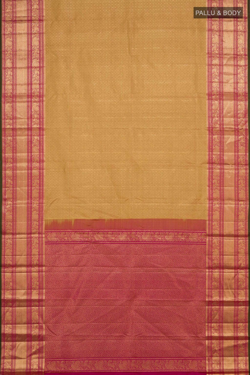 Flat view of Golden Kanjivaram Silk Saree with Zari Brocade on the body and Zari Border. 