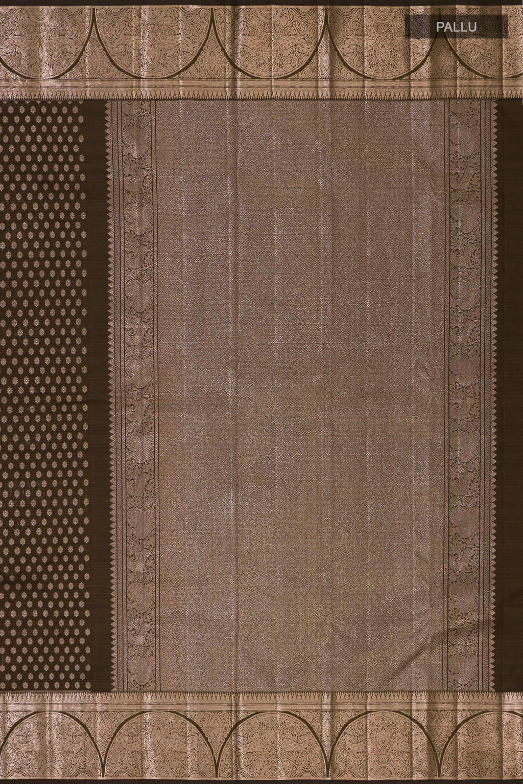Close up image of the pallu of Mehandi Green Kanjivaram Silk Saree with Zari Butta on the body and Zari Border. 