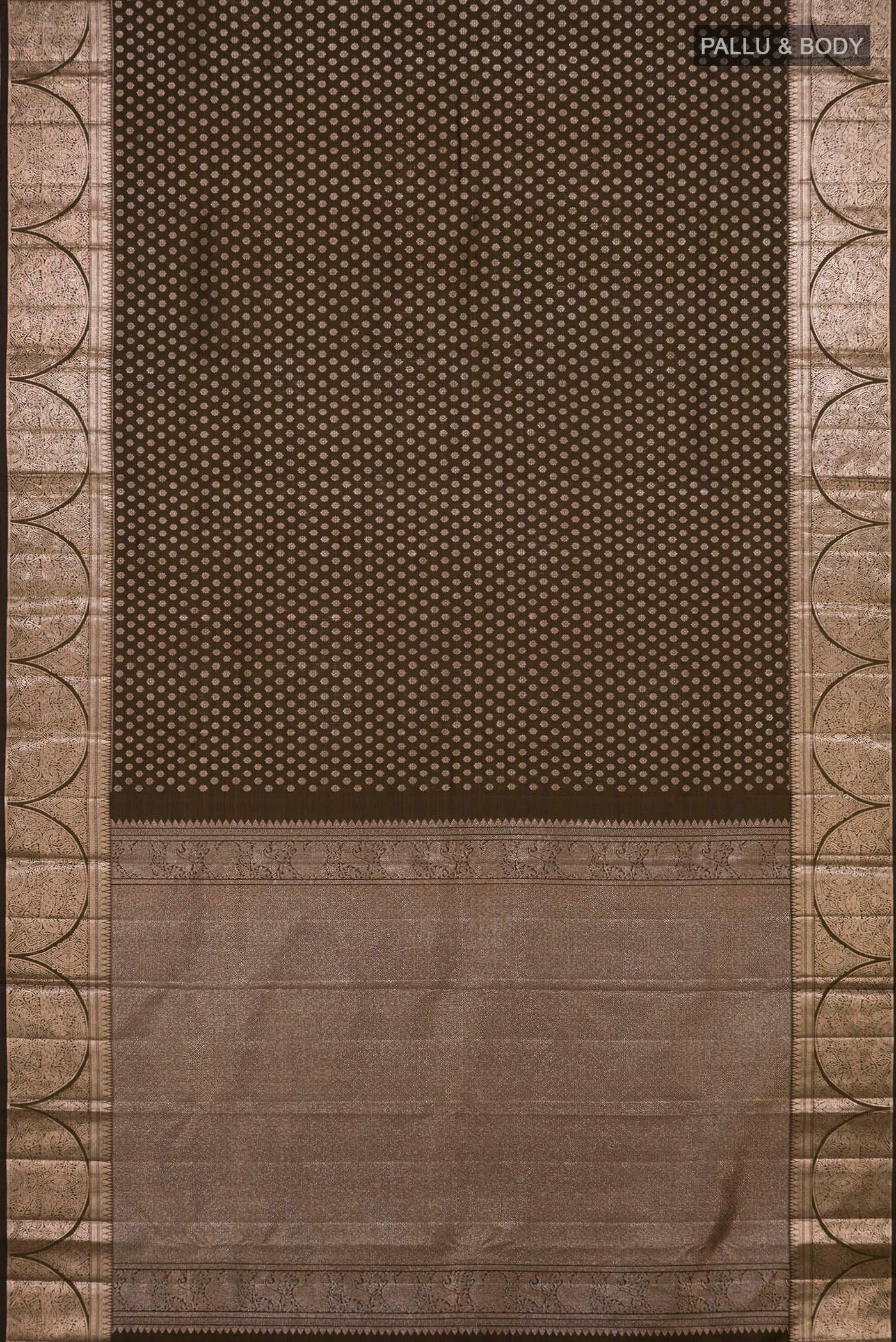 Flat view of Mehandi Green Kanjivaram Silk Saree with Zari Butta on the body and Zari Border. 