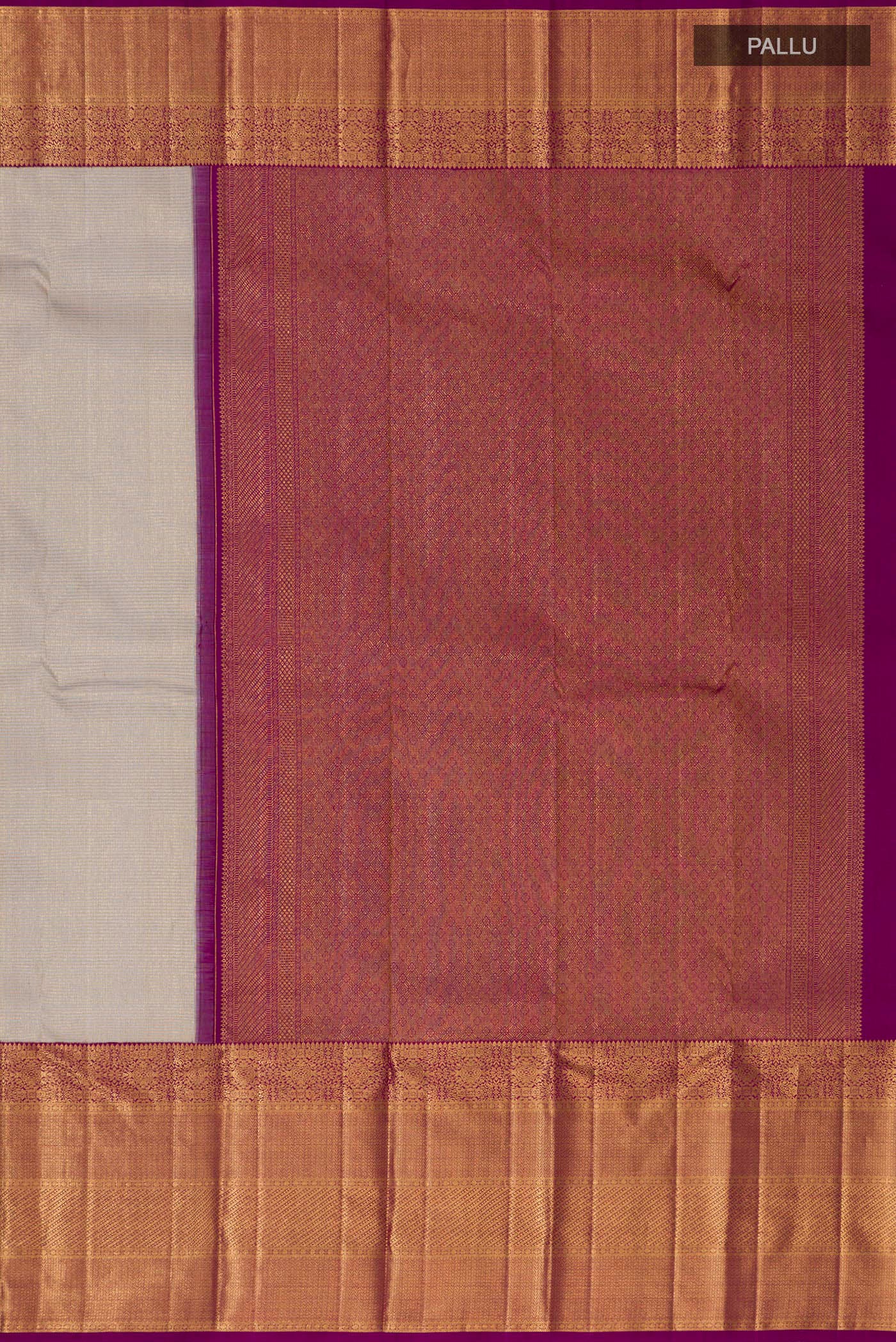 Close up image of the pallu of Off White Kanchipuram Silk Saree with Zari Brocade on the body and Zari Border. 