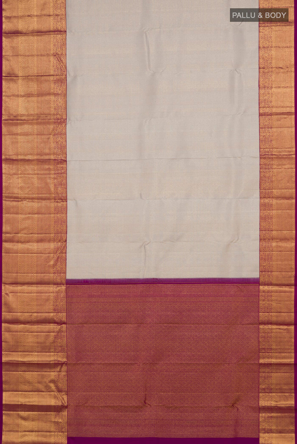 Flat view of Off White Kanchipuram Silk Saree with Zari Brocade on the body and Zari Border. 