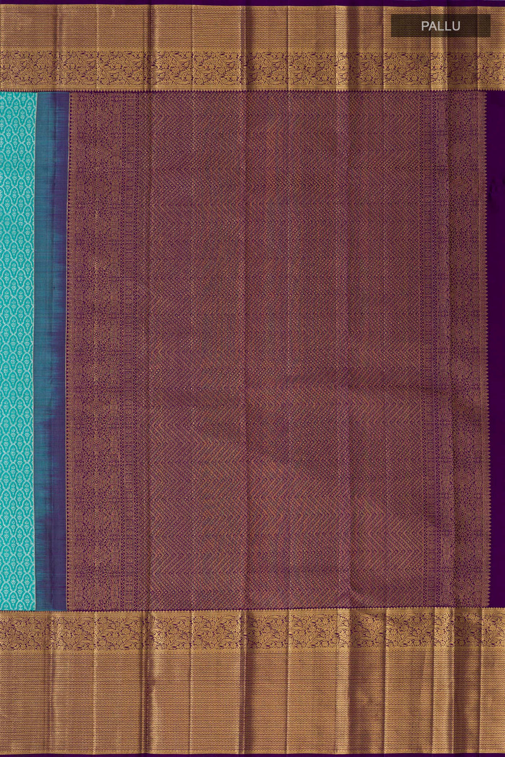 Close up image of the pallu of Light Blue Kanchipuram Silk Saree with Zari Brocade on the body and Zari Border. 