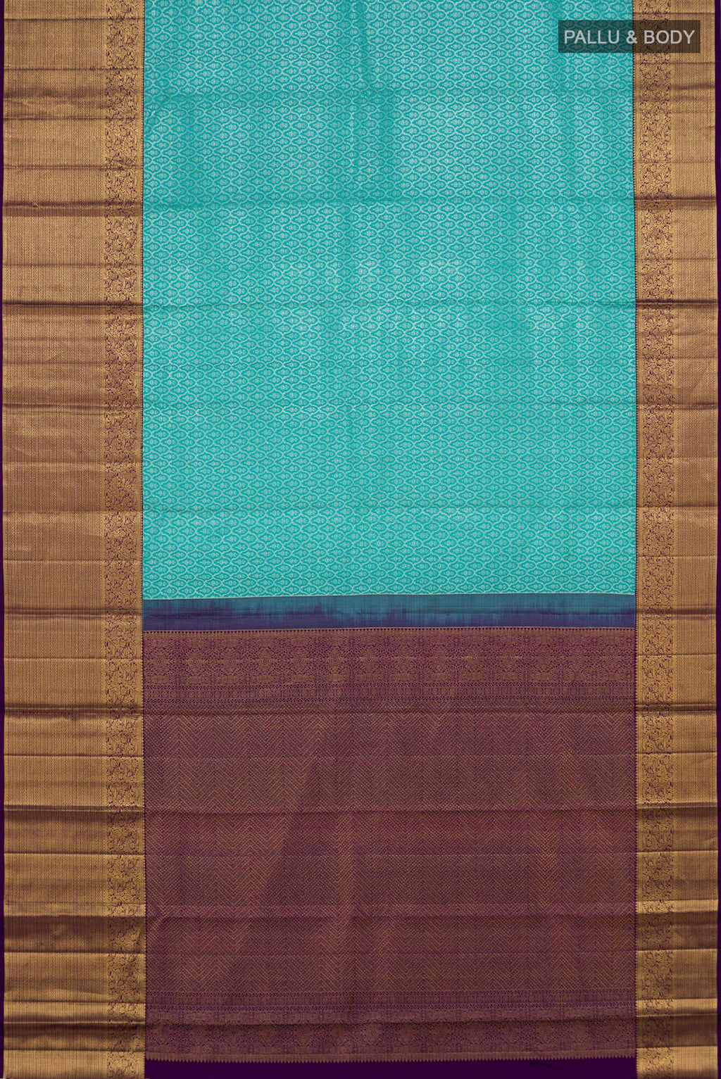 Flat view of Light Blue Kanchipuram Silk Saree with Zari Brocade on the body and Zari Border. 
