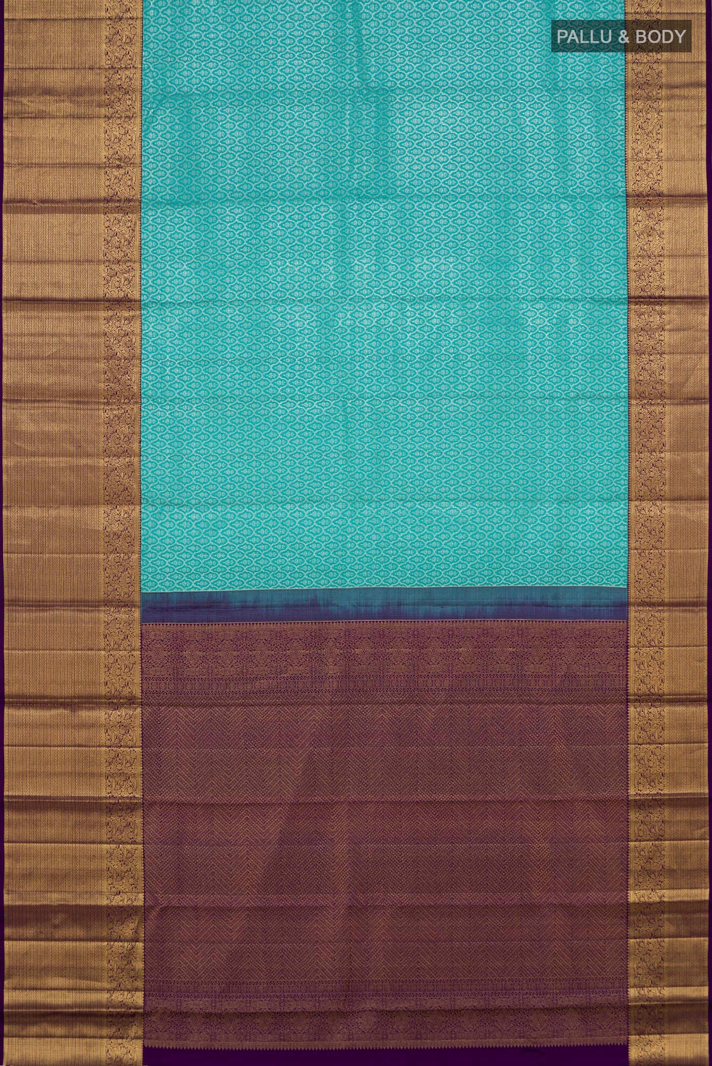 Flat view of Light Blue Kanchipuram Silk Saree with Zari Brocade on the body and Zari Border. 