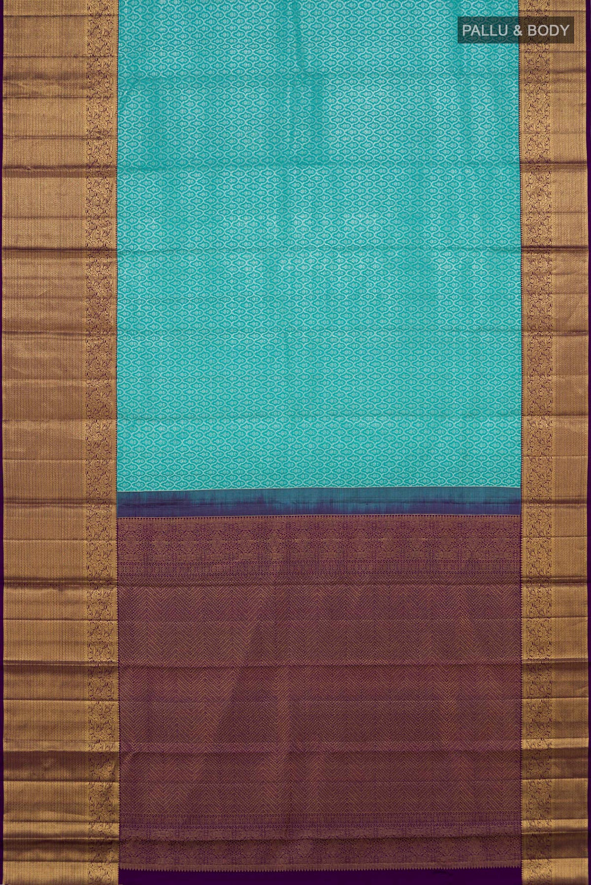 Flat view of Light Blue Kanchipuram Silk Saree with Zari Brocade on the body and Zari Border. 