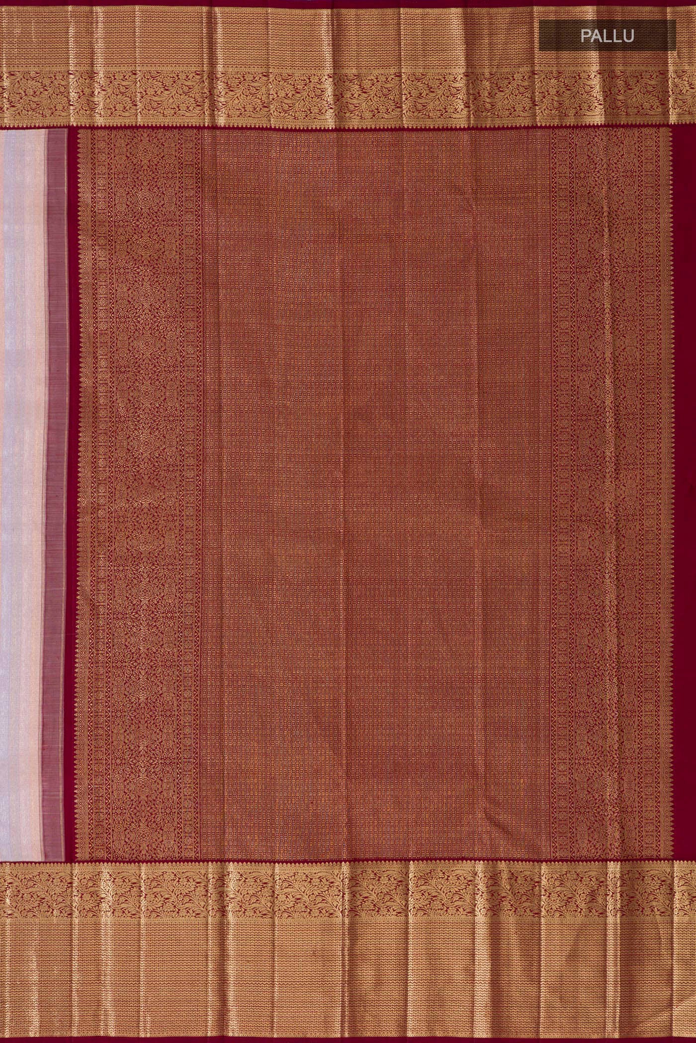 Close up image of the pallu of Rose Gold Kanchipuram Silk Saree with Zari Brocade on the body and Zari Border. 