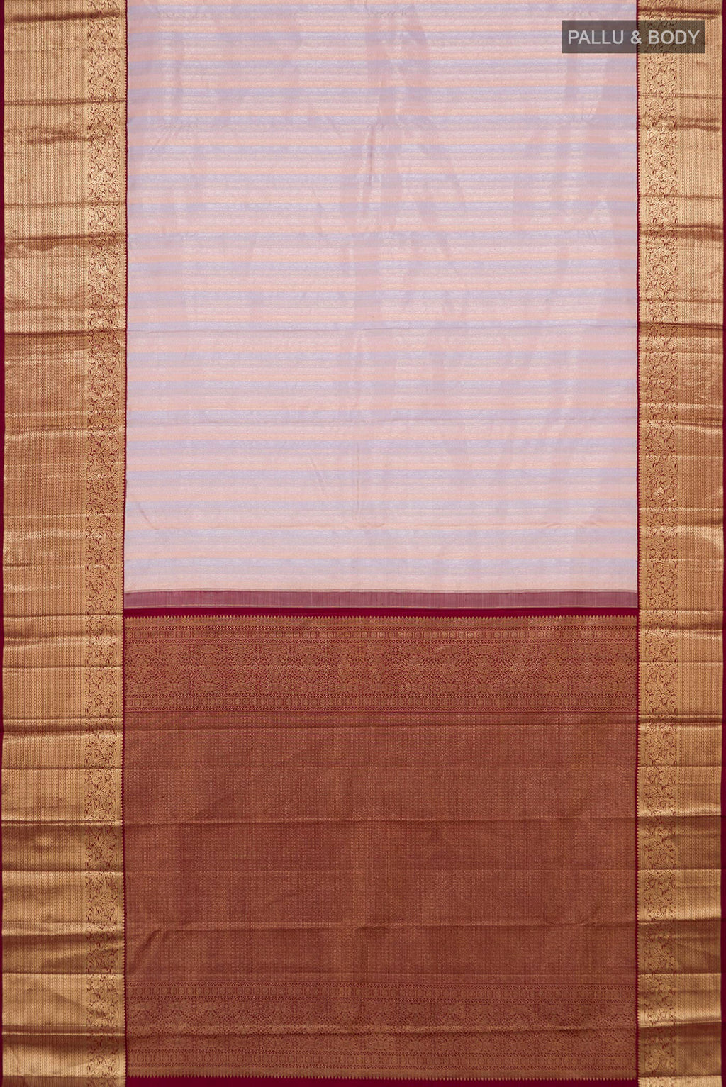 Flat view of Rose Gold Kanchipuram Silk Saree with Zari Brocade on the body and Zari Border. 