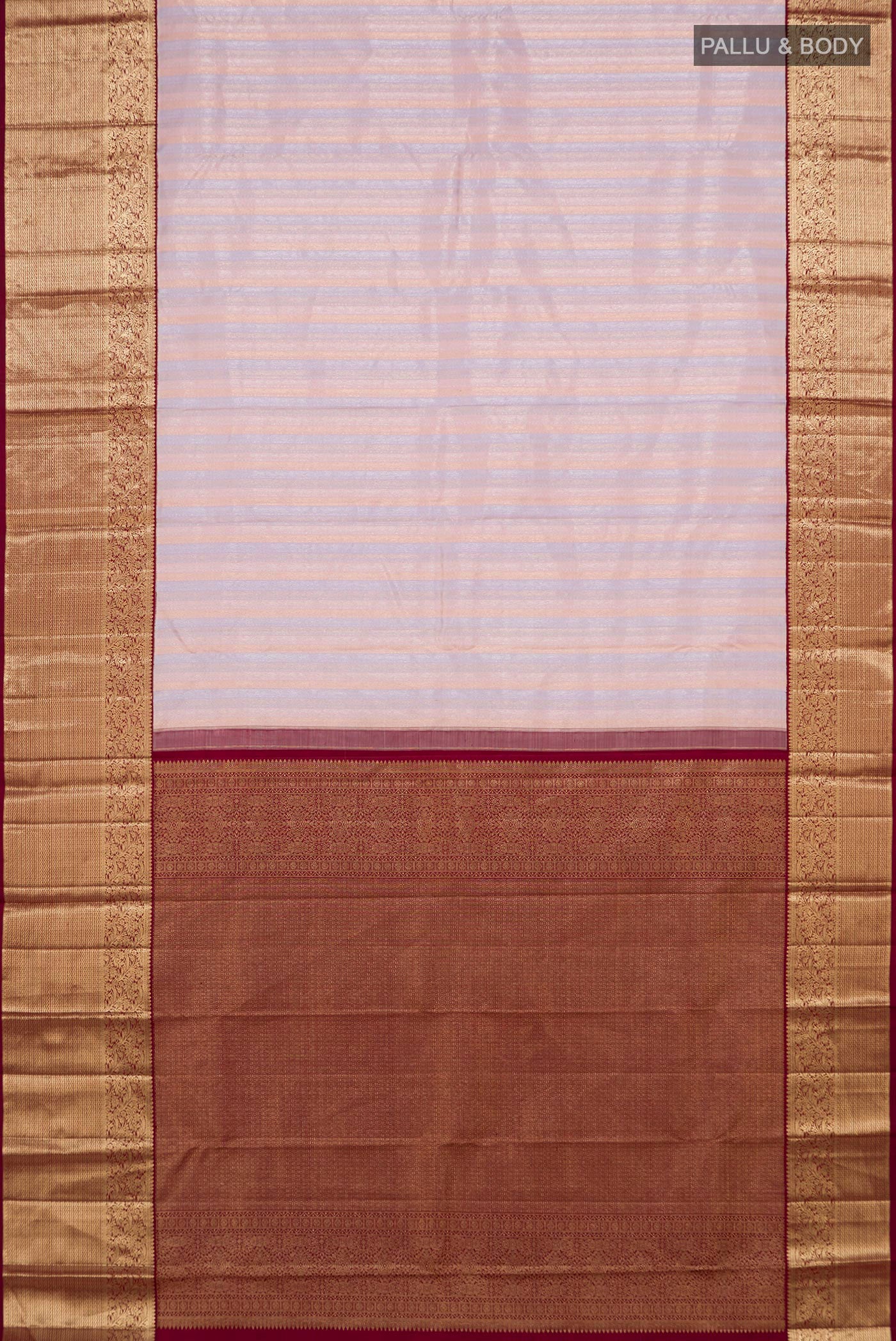 Flat view of Rose Gold Kanchipuram Silk Saree with Zari Brocade on the body and Zari Border. 