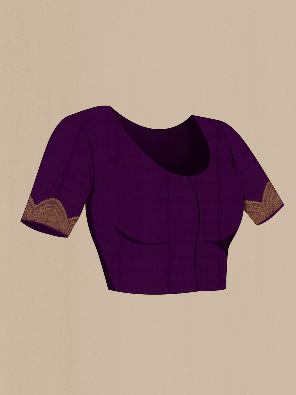 Close up image of the blouse of Violet Kanchipuram Silk Saree with Zari Butta on the body and Fancy Border. 