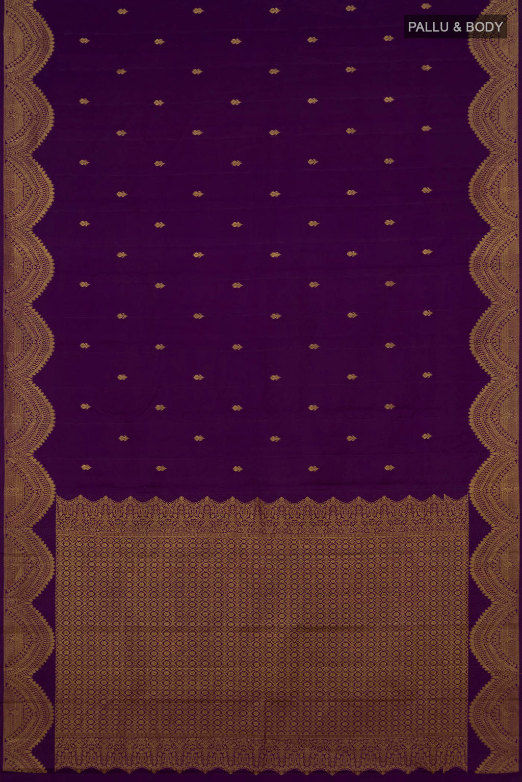 Flat view of Violet Kanchipuram Silk Saree with Zari Butta on the body and Fancy Border. 