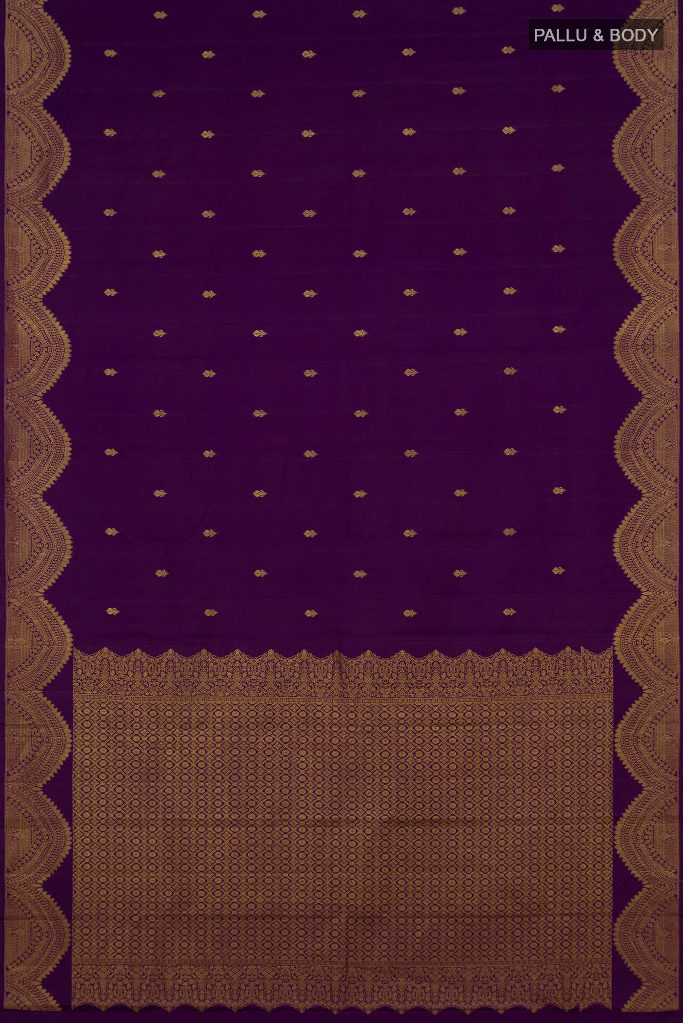 Flat view of Violet Kanchipuram Silk Saree with Zari Butta on the body and Fancy Border. 