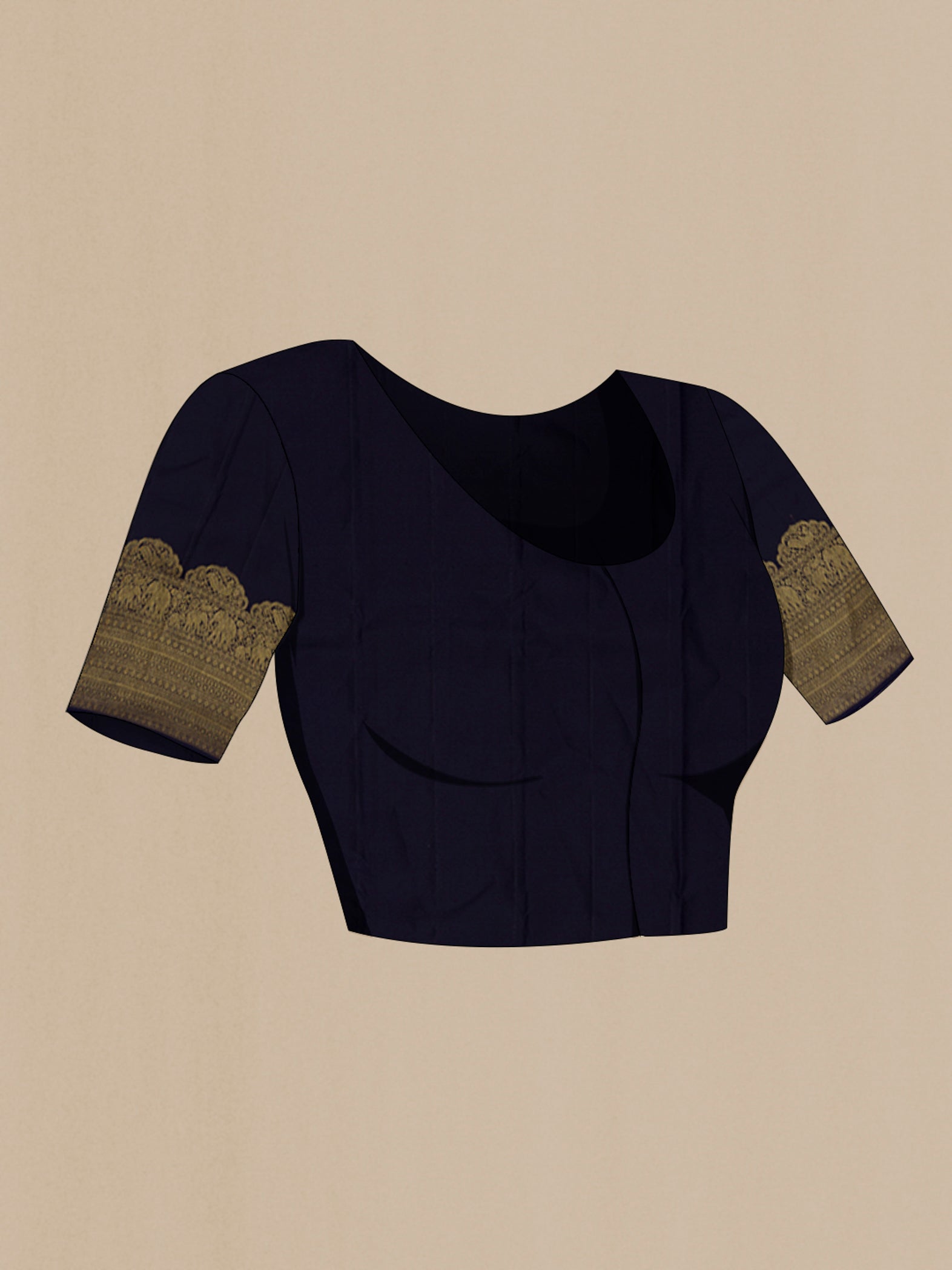 Close up image of the blouse of Navy Blue Kanchipuram Silk Saree with Zari Butta on the body and Fancy Border. 